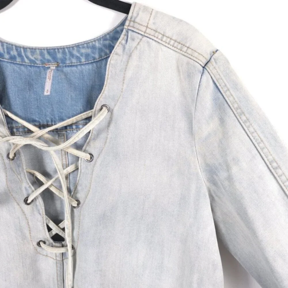 Free People Denim Pullover Neopolitan Dreams Blue Sky Surfer Hippie Lace‎ Up S/P